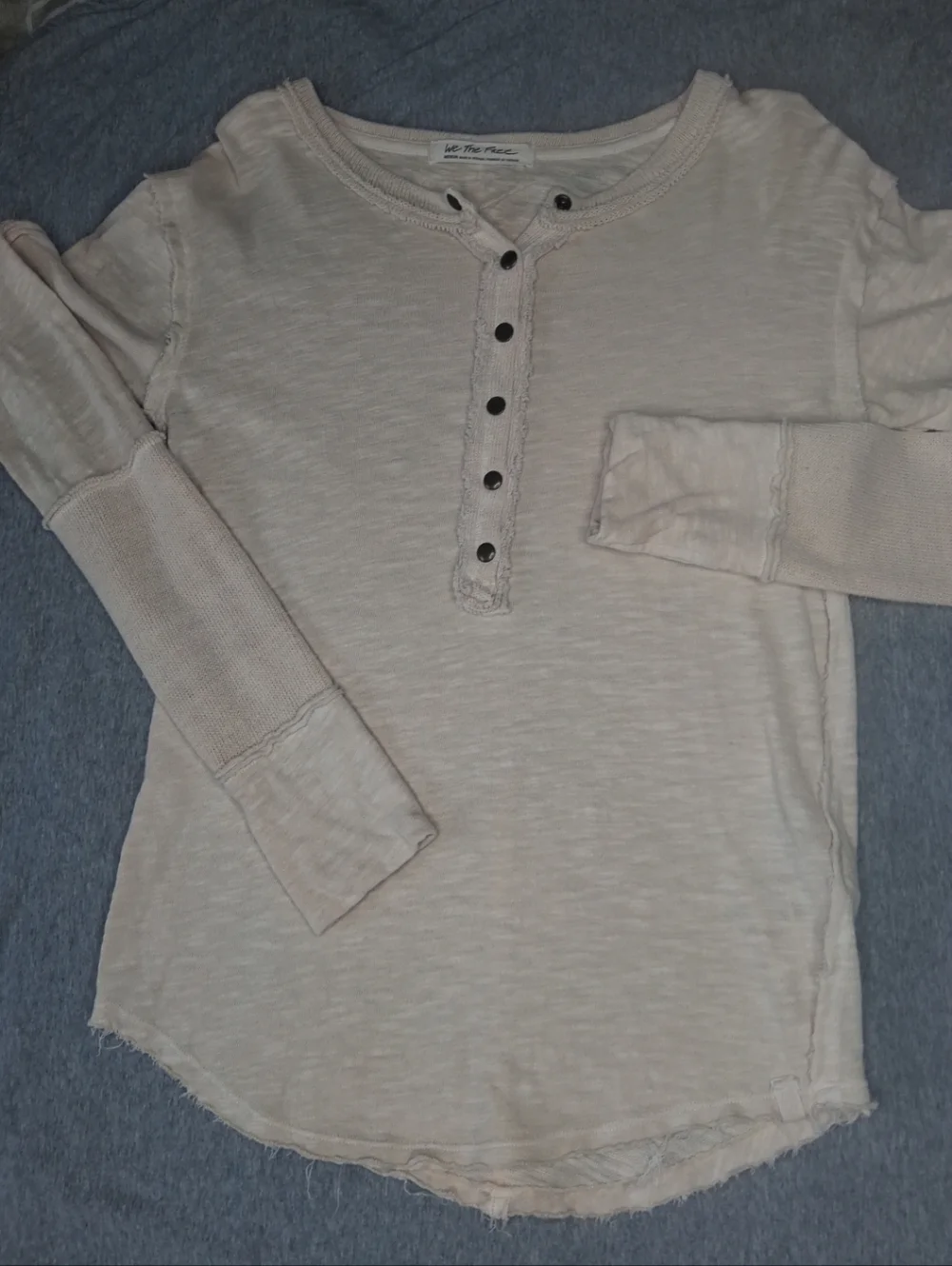 We The Free Free People Phoebe Long Sleeve Henley Shirt Top Tan Beige Cotton M